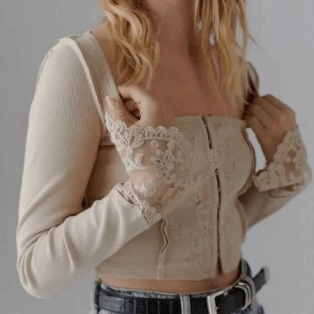 Urban Outfitters Beige Lace-Trim Crop Top